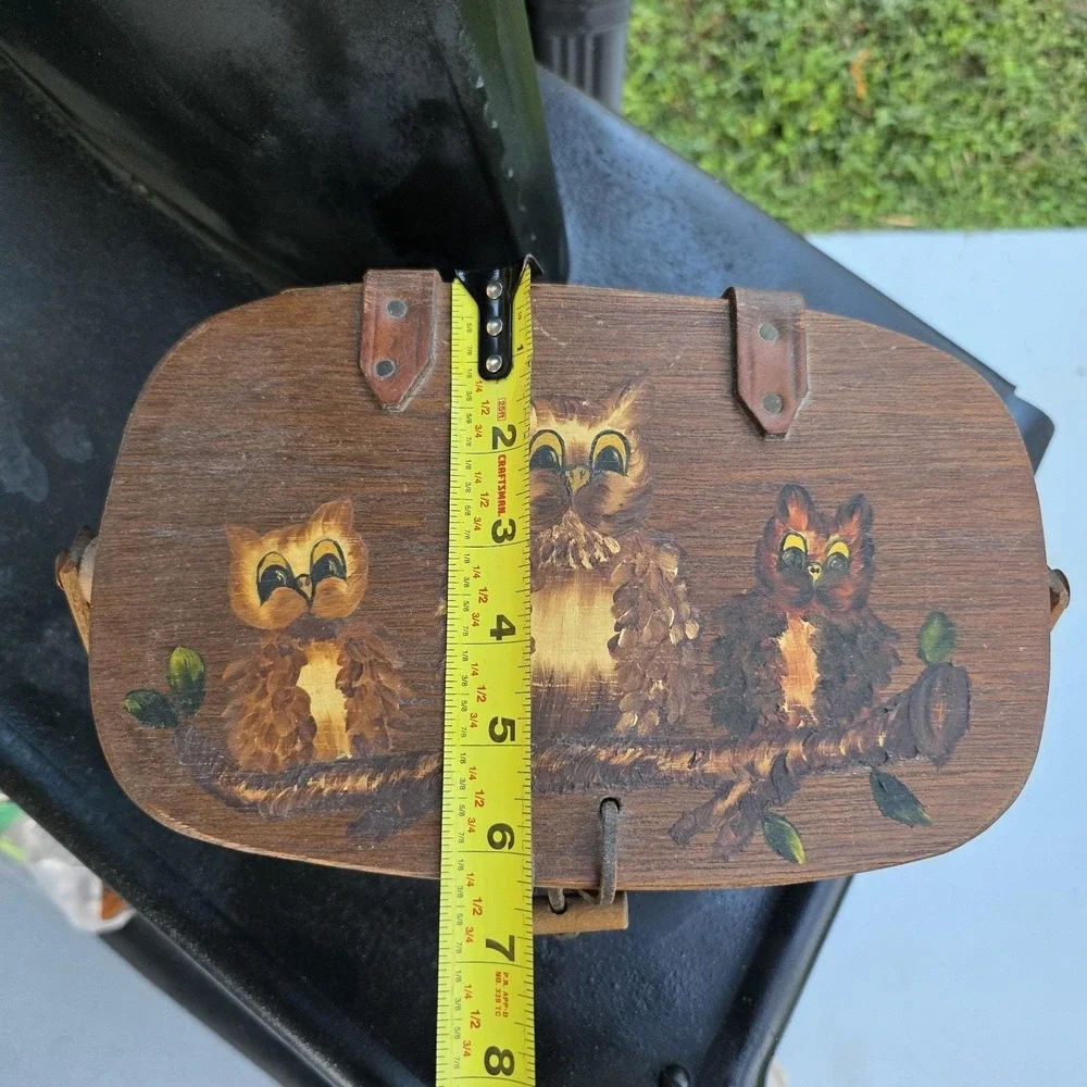 Vintage Hand Painted Owl Basket Wood Woven Lid‎ Signed 1979 Primitive Folk Art
